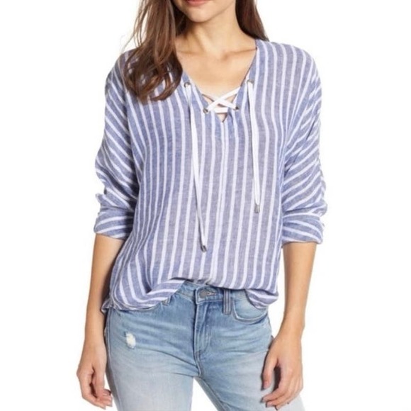 Rails Lily striped top tie front linen small S long sleeve - Picture 1 of 14